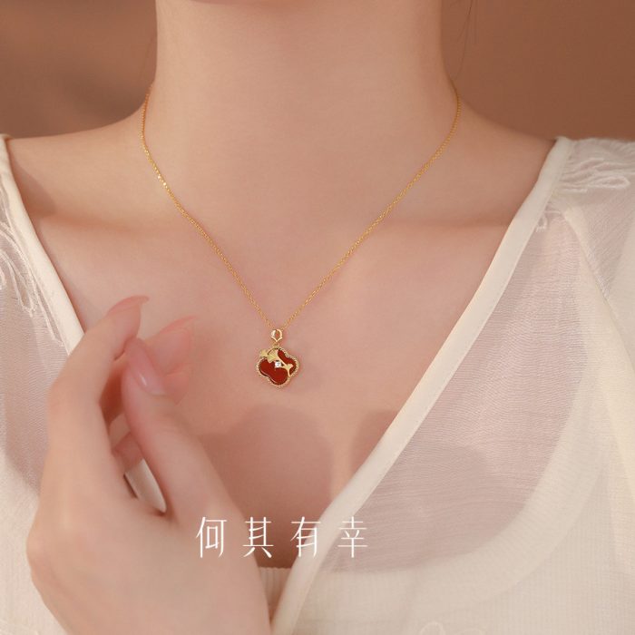 925 Sterling Silver New Chinese Style Red Agate Ginkgo Leaf Necklace - Image 4
