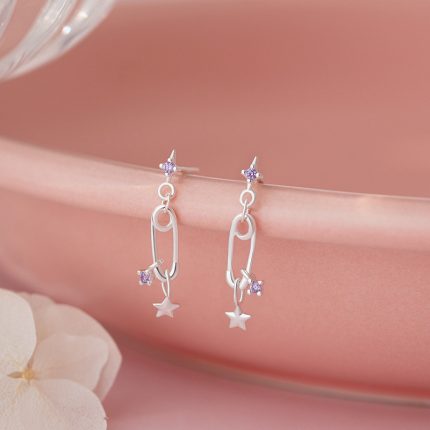 925 Sterling Silver Korean Style Safety Pin Star Stud Earrings - Image 4