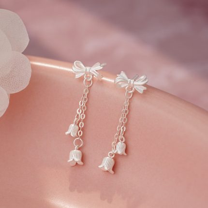 999 Fine Silver Bow Lily of the Valley Tassel Stud Earrings - Image 6