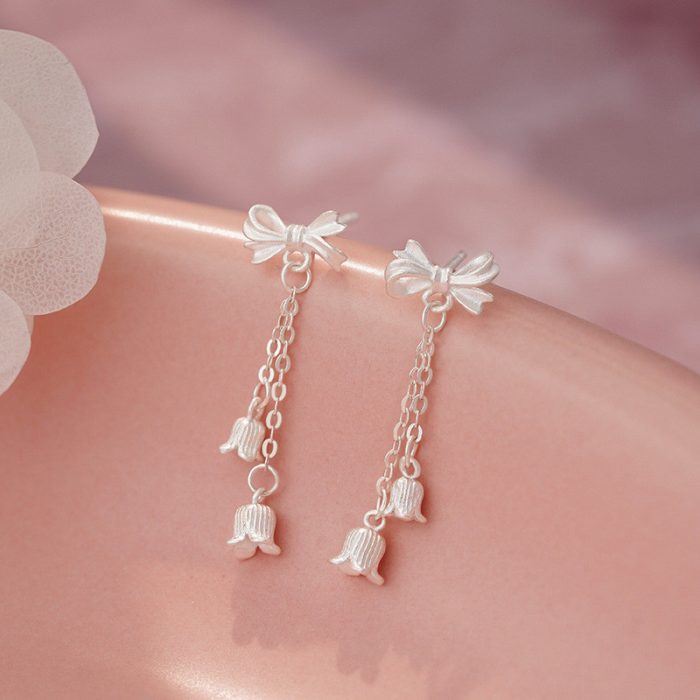 999 Fine Silver Bow Lily of the Valley Tassel Stud Earrings - Image 6