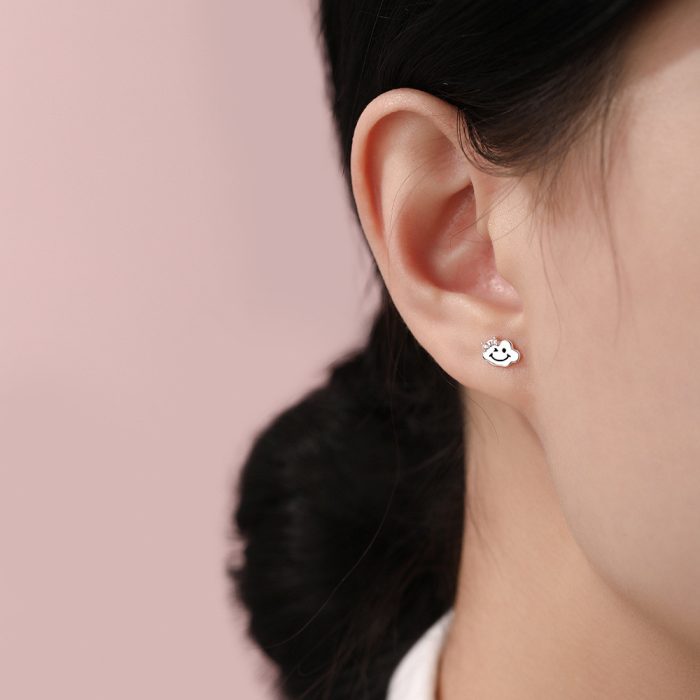 999 Fine Silver Cloud Smiley Face Stud Earrings - Image 2