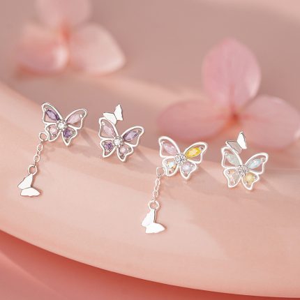 999 Fine Silver Butterfly Tassel Ice Flower zircon Stud Earrings - Image 6