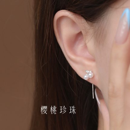 New 999 Fine Silver Light Luxury Premium Cherry Pearl Threader Earrings - Image 6