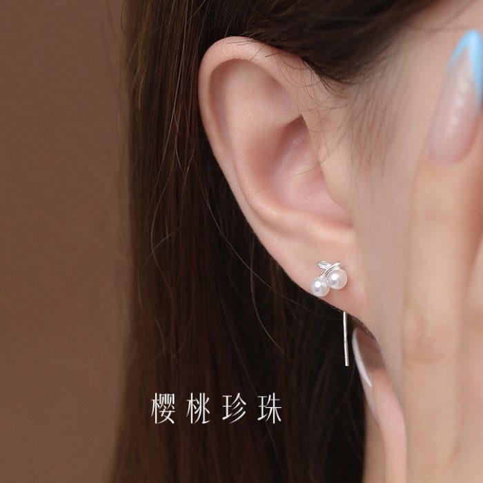 New 999 Fine Silver Light Luxury Premium Cherry Pearl Threader Earrings - Image 6