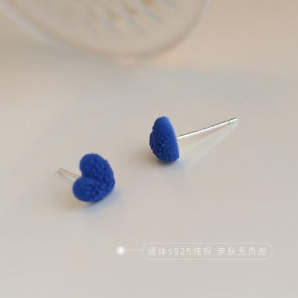 Vintage Unique Klein Blue Plush Heart Stud Earrings - Image 5