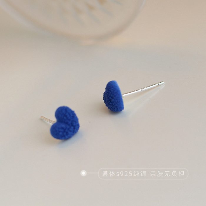 Vintage Unique Klein Blue Plush Heart Stud Earrings - Image 5