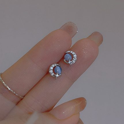 999 Fine Silver Blue Cat Eye Moon Planet Stud Earrings - Image 5