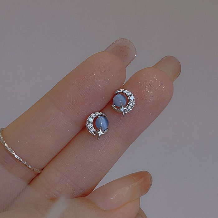 999 Fine Silver Blue Cat Eye Moon Planet Stud Earrings - Image 5
