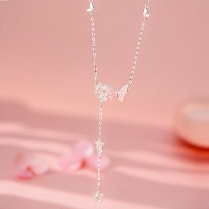 999 Fine Silver Enamel Butterfly Floral Tassel Necklace - Image 4