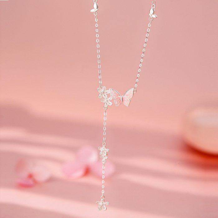 999 Fine Silver Enamel Butterfly Floral Tassel Necklace - Image 4