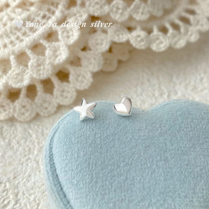 999 Fine Silver Heart Star Stud Earrings - Image 4
