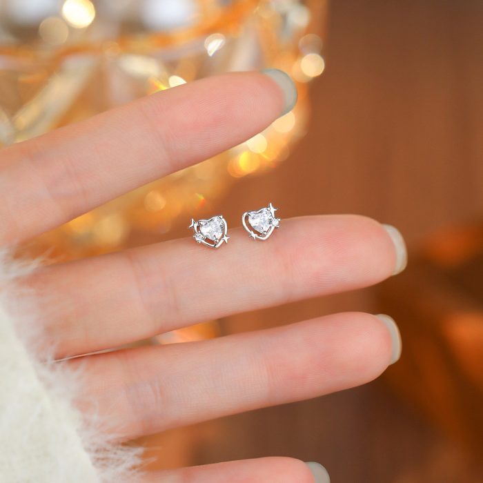 999 Fine Silver Needle Minimalist Gentle Heart CZ Stud Earrings - Image 5