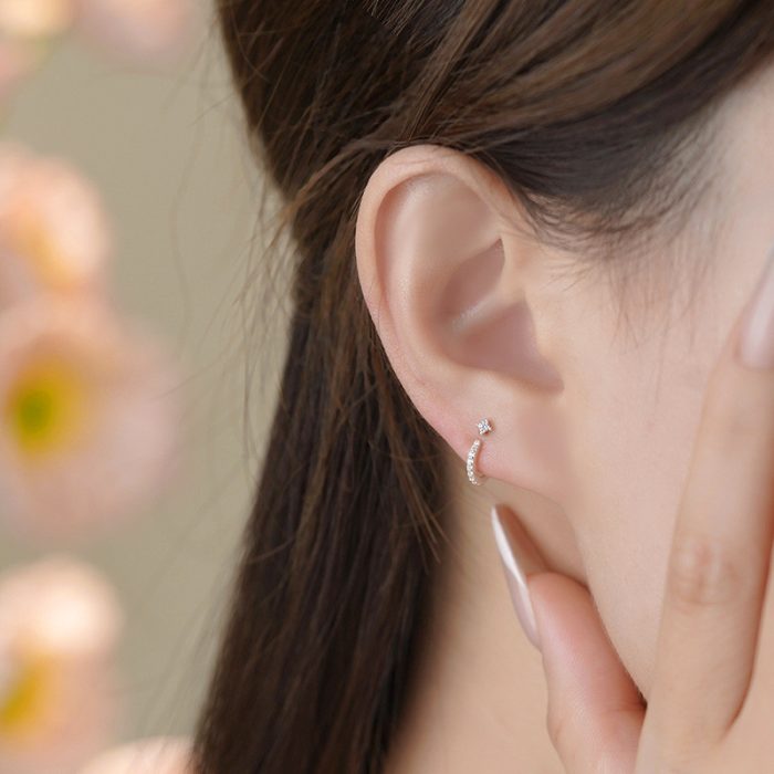 999 Fine Silver CZ Curved Hook Back Hanging Stud Earrings - Image 4