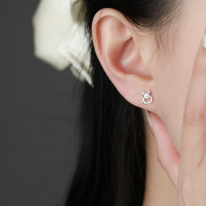 999 Fine Silver Hollow Cat Stud Earrings - Image 4