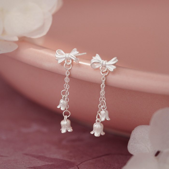 999 Fine Silver Bow Lily of the Valley Tassel Stud Earrings - Image 5
