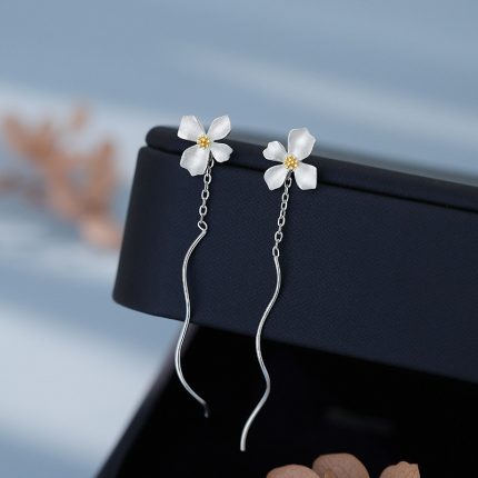 999 Fine Silver Light Luxury Gardenia Threader Earrings - Image 6