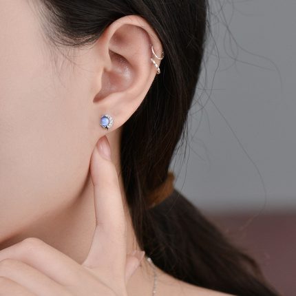 999 Fine Silver Blue Cat Eye Moon Planet Stud Earrings - Image 4