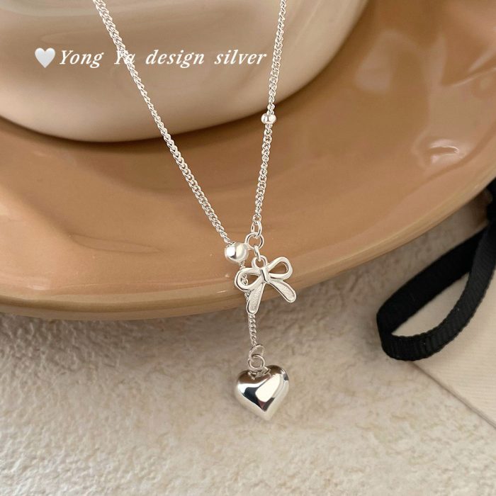 925 Sterling Silver Heart Bow Drawstring Necklace - Image 5