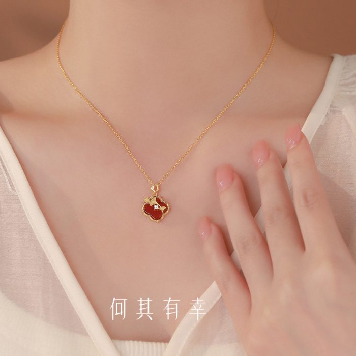 925 Sterling Silver New Chinese Style Red Agate Ginkgo Leaf Necklace - Image 2